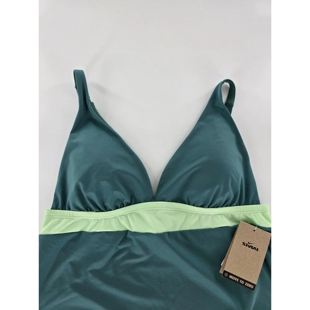Nike Swim Tankini Top Adjustable Straps Green Colorblock Athletic Swimsuit SZ‎ S